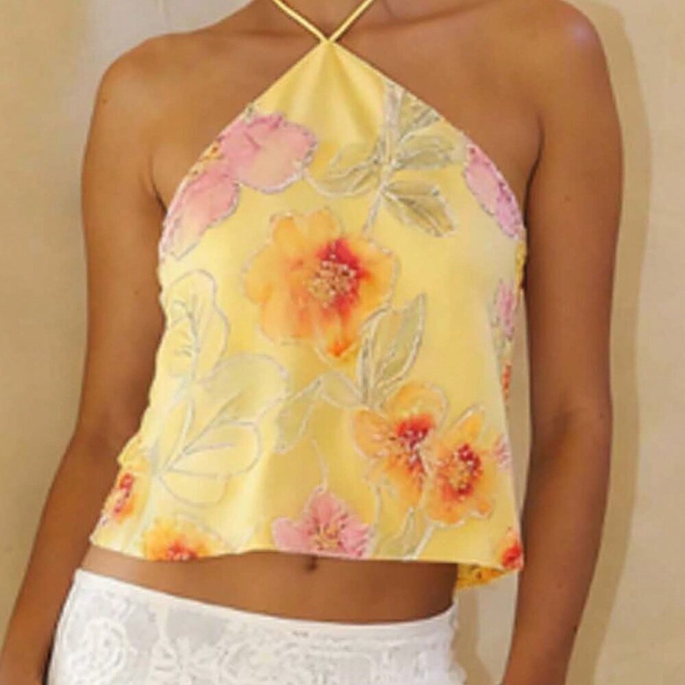 Yellow Boho Women's Colorful Floral Jacquard Sleeveless Halter Neck Top
